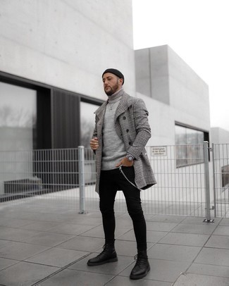 Men's White and Black Houndstooth Overcoat, Grey Wool Turtleneck, Black Skinny Jeans, Black Leather Casual Boots