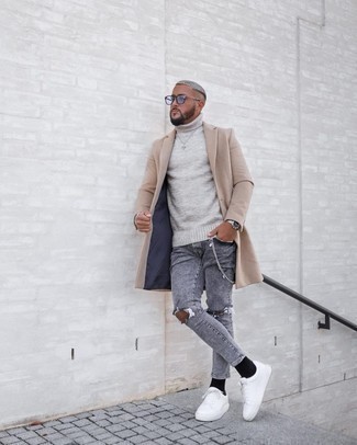 Grey Ripped Skinny Jeans Outfits For Men: This casual pairing of a camel overcoat and grey ripped skinny jeans is extremely easy to throw together without a second thought, helping you look seriously stylish and prepared for anything without spending a ton of time going through your wardrobe. White leather low top sneakers pull the outfit together.