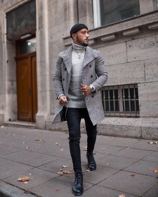 Men's White and Black Houndstooth Overcoat, Grey Wool Turtleneck, Black Ripped Skinny Jeans, Black Leather Casual Boots