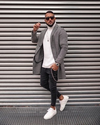 White Overcoat Outfits: The formula for a knockout off-duty outfit for men? A white overcoat with charcoal skinny jeans. Clueless about how to round off? Complement this ensemble with white canvas low top sneakers to switch things up.