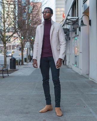 White Coat Outfits For Men: To don a relaxed casual look with a twist, you can easily opt for a white coat and navy skinny jeans. Bring a different twist to this getup by sporting tan suede chelsea boots.