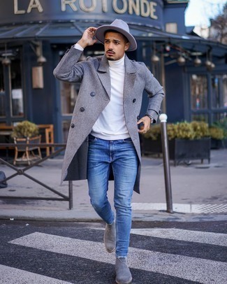Grey Suede Chelsea Boots Outfits For Men: Putting together a grey overcoat with blue skinny jeans is a smart idea for a relaxed look. Inject this ensemble with an added dose of polish by rocking a pair of grey suede chelsea boots.
