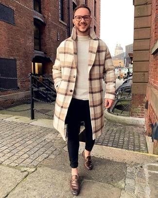 Camel Plaid Overcoat Outfits: For a look that's super simple but can be manipulated in a variety of different ways, opt for a camel plaid overcoat and black skinny jeans. Introduce brown leather loafers to the mix to kick things up to the next level.