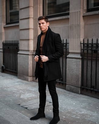 Beige Turtleneck Outfits For Men: For a casually stylish look, consider teaming a beige turtleneck with black skinny jeans — these items play pretty good together. A trendy pair of black suede chelsea boots is an effortless way to give an added dose of polish to your look.