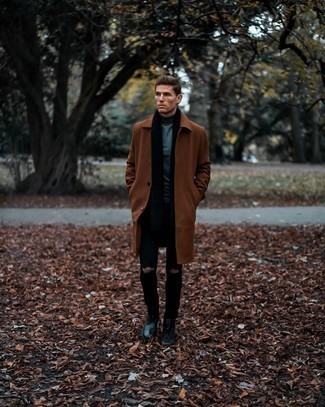 Men's Brown Overcoat, Teal Turtleneck, Black Ripped Skinny Jeans, Black Leather Casual Boots