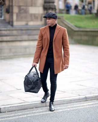 Black Flat Cap Cold Weather Outfits For Men: Go for a simple but casually cool look in a tobacco overcoat and a black flat cap. A pair of black leather chelsea boots will add elegance to an otherwise simple ensemble.