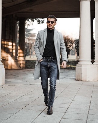 Black Canvas Belt Outfits For Men: This off-duty combo of a grey overcoat and a black canvas belt is a foolproof option when you need to look dapper in a flash. A pair of black leather chelsea boots effortlessly bumps up the classy factor of this outfit.