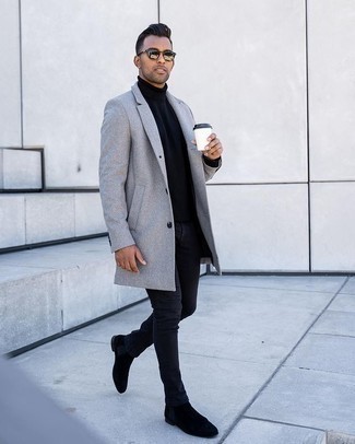 Black Suede Chelsea Boots Outfits For Men: For a casual and cool ensemble, rock a grey overcoat with black skinny jeans — these pieces play beautifully together. Clueless about how to complete your outfit? Wear black suede chelsea boots to amp up the wow factor.