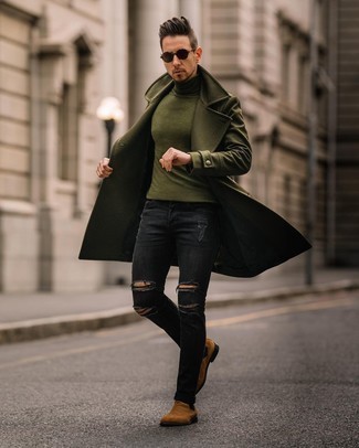 Olive Overcoat Outfits: Consider teaming an olive overcoat with black ripped skinny jeans for a comfortable ensemble that's also well put together. Feel uninspired with this outfit? Enter a pair of brown suede chelsea boots to shake things up.
