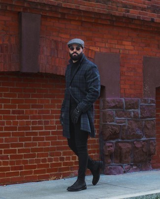 Navy and Green Plaid Overcoat Outfits: Why not consider wearing a navy and green plaid overcoat and black skinny jeans? As well as super functional, these pieces look awesome when married together. Go down a classier route in the footwear department by rocking a pair of black suede chelsea boots.