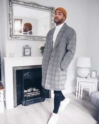 Tobacco Beanie Outfits For Men: Try pairing a grey plaid overcoat with a tobacco beanie to be both modern casual and stylish. Rounding off with white athletic shoes is a guaranteed way to add a more relaxed touch to your look.