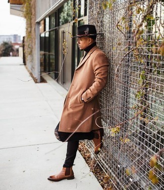 Brown Leather Chelsea Boots Outfits For Men: A camel overcoat and black ripped skinny jeans are a go-to pairing for many style-savvy guys. For something more on the sophisticated side to finish off this ensemble, introduce a pair of brown leather chelsea boots to your look.