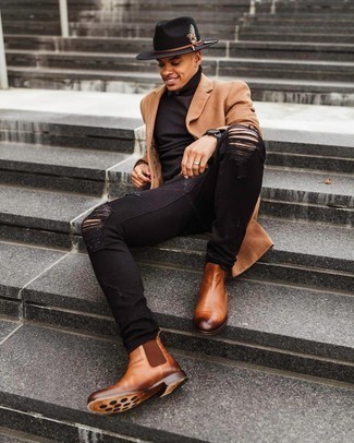 Black Wool Hat Outfits For Men: If you gravitate towards city casual style, why not wear this combo of a camel overcoat and a black wool hat? Take your look down a smarter path by rounding off with tobacco leather chelsea boots.