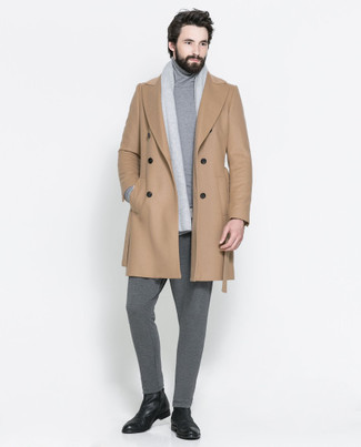 Men's Camel Overcoat, Grey Turtleneck, Grey Sweatpants, Black Leather Chelsea Boots