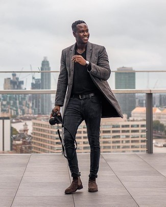 Grey Plaid Overcoat Outfits: A grey plaid overcoat and charcoal jeans matched together are a perfect match. And if you need to instantly bump up this look with footwear, complement your look with dark brown suede chelsea boots.