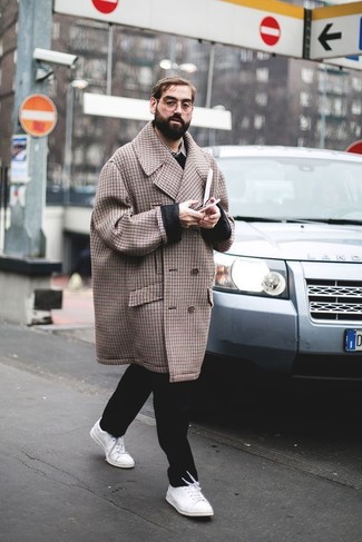 Dark Brown Check Overcoat Outfits: A dark brown check overcoat and black chinos worn together are a nice match. For footwear, take the casual route with white low top sneakers.