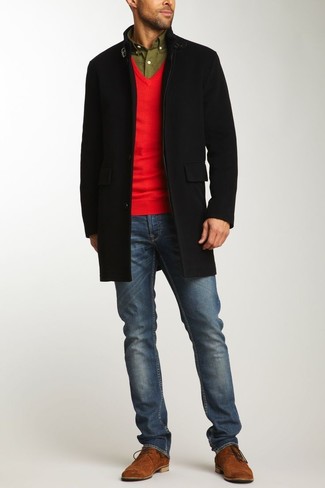 Men's Black Overcoat, Red V-neck Sweater, Olive Long Sleeve Shirt, Blue Jeans