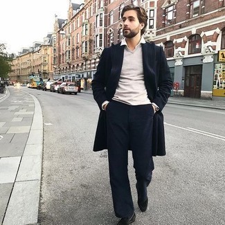 Navy Vertical Striped Overcoat Outfits: For casual elegance with a rugged take, marry a navy vertical striped overcoat with navy chinos. Balance out your look with a more sophisticated kind of shoes, such as this pair of black suede loafers.