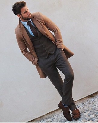 Dark Brown Wool Tie Outfits For Men: Marrying a camel overcoat and a dark brown wool tie is a surefire way to infuse your current styling collection with some masculine elegance. Dark brown suede double monks will introduce a more dressed-down aesthetic to the ensemble.