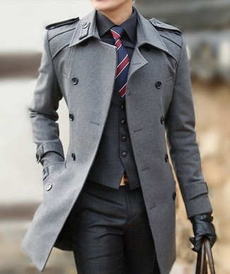 Grey Overcoat with Charcoal Plaid Pants Outfits: A grey overcoat and charcoal plaid pants are among the fundamental elements of any smart menswear collection.