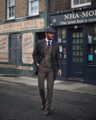 Brown Leather Derby Shoes Chill Weather Outfits: Go all out in a navy overcoat and brown dress pants. If you want to effortlessly dial down your ensemble with footwear, introduce a pair of brown leather derby shoes to your ensemble.