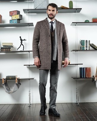 Brown Herringbone Overcoat Outfits: This refined combination of a brown herringbone overcoat and grey dress pants will cement your styling savvy. A pair of black leather derby shoes will pull your full outfit together.