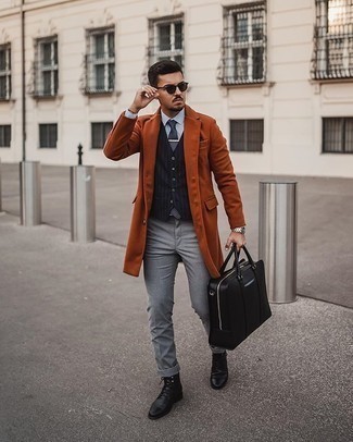 Blue Vertical Striped Waistcoat Outfits: This combo of a blue vertical striped waistcoat and grey chinos might pack a punch, but it's super easy to assemble too. Rev up your look with a pair of black leather casual boots.
