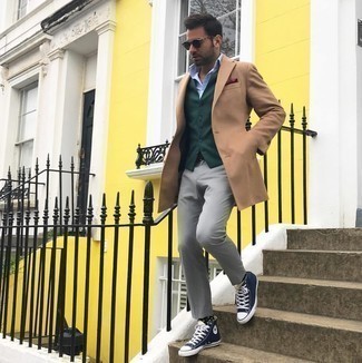 Burgundy Pocket Square Cold Weather Outfits: A camel overcoat and a burgundy pocket square are a smart combination worth having in your off-duty styling collection. A pair of navy and white canvas high top sneakers looks perfect here.