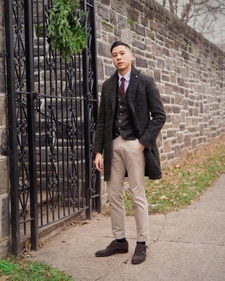 Dark Brown Waistcoat Outfits: Rock a dark brown waistcoat with beige chinos and you're guaranteed to turn every head in the proximity. Add a pair of dark brown suede double monks to the mix and you're all set looking boss.