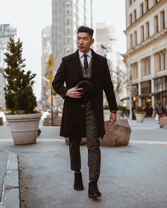 1200+ Dressy Cold Weather Outfits For Men: A dark brown overcoat and dark brown vertical striped dress pants? This look will turn every head in the proximity. If you need to instantly tone down your outfit with one single piece, introduce dark brown suede chelsea boots to the equation.