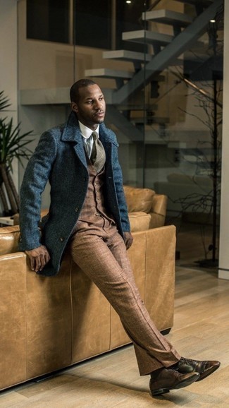 Brown Waistcoat Outfits: We're loving how this pairing of a brown waistcoat and brown dress pants immediately makes any gent look dapper and sophisticated. Introduce dark brown leather oxford shoes to this look to immediately ramp up the street cred of this outfit.