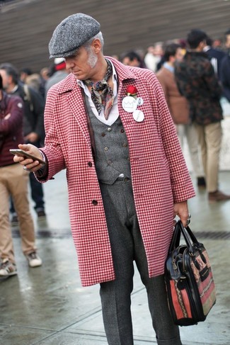 Black Scarf Outfits For Men: If you prefer a more laid-back approach to menswear, why not pair a red and white houndstooth overcoat with a black scarf?