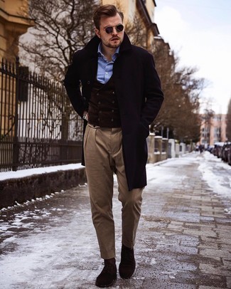 Dark Brown Corduroy Waistcoat Outfits: For an outfit that's polished and GQ-worthy, go for a dark brown corduroy waistcoat and khaki dress pants. When this getup looks all-too-classic, tone it down by rocking dark brown suede derby shoes.