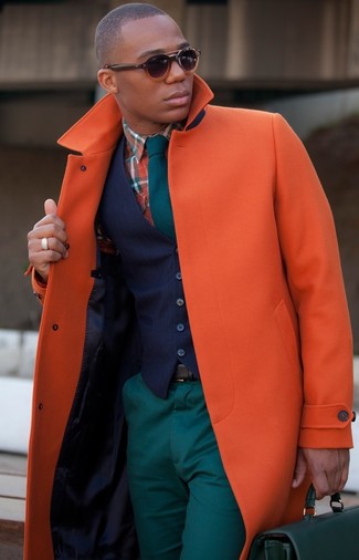 Men's Orange Overcoat, Navy Waistcoat, Orange Plaid Long Sleeve Shirt, Teal Chinos