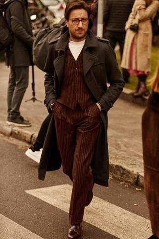 Dark Brown Vertical Striped Dress Pants Outfits For Men: Putting together a dark brown overcoat and dark brown vertical striped dress pants is a surefire way to inject your styling collection with some rugged refinement. Dark brown leather tassel loafers integrate really well within a multitude of looks.