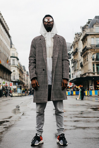 Men's Grey Check Overcoat, White Windbreaker, Grey Sweatpants, Black and White Athletic Shoes