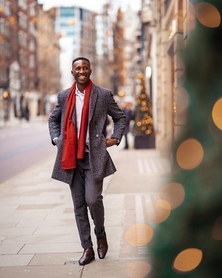 Charcoal Overcoat Outfits: Reach for a charcoal overcoat and charcoal wool dress pants for a sleek classy ensemble. To give your overall outfit a more casual feel, why not complete this ensemble with a pair of dark brown leather chelsea boots?