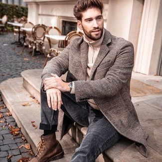 Grey Plaid Overcoat Outfits: A grey plaid overcoat and charcoal jeans are the ideal way to infuse some masculine sophistication into your current off-duty lineup. Throw in brown leather casual boots and you're all set looking dashing.