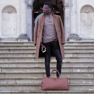 Men's Brown Overcoat, Tan Zip Neck Sweater, Black Ripped Skinny Jeans, Brown Leather Holdall