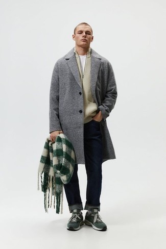 Grey Overcoat Outfits: A grey overcoat and navy jeans will add elegant style to your day-to-day routine. Complement this look with a pair of dark green athletic shoes to make a traditional ensemble feel suddenly fresh.