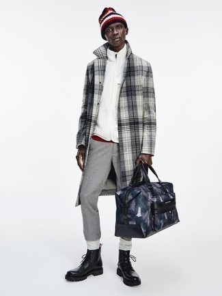 Bag Outfits For Men: This combo of a grey plaid overcoat and a bag is perfect for off-duty days. Add a pair of black leather work boots to the equation to avoid looking too formal.