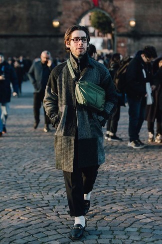 Dark Green Canvas Fanny Pack Outfits For Men: This combination of a charcoal check overcoat and a dark green canvas fanny pack is on the off-duty side but is also sharp and truly stylish. Want to play it up in the footwear department? Add a pair of black leather loafers to the mix.