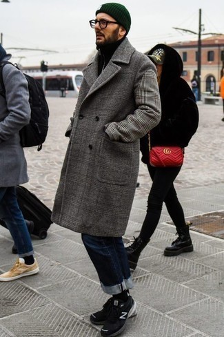 Olive Beanie Outfits For Men: You'll be surprised at how super easy it is for any gentleman to pull together a city casual ensemble like this. Just a grey plaid overcoat and an olive beanie. Bring a touch of stylish nonchalance to by sporting black athletic shoes.