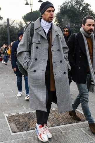 Dark Green Canvas Backpack Outfits For Men: We're all seeking functionality when it comes to styling, and this laid-back pairing of a grey plaid overcoat and a dark green canvas backpack is a wonderful example of that. Jazz up this getup by wearing a pair of multi colored athletic shoes.