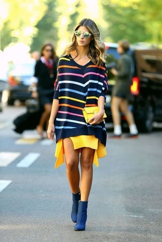 Multi colored Horizontal Striped Oversized Sweater Outfits: Go for a simple but laid-back and cool choice in a multi colored horizontal striped oversized sweater and a yellow casual dress. For a modern mix, add a pair of navy nubuck ankle boots to the mix.