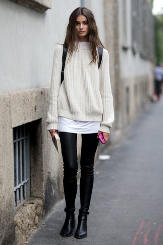 Women's White Knit Oversized Sweater, White Crew-neck T-shirt, Black Leather Leggings, Black Leather Ankle Boots