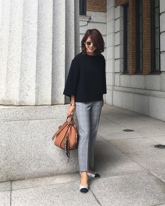 Black Oversized Sweater Outfits: A black oversized sweater and grey plaid dress pants are the kind of a no-brainer casual outfit that you so awfully need when you have zero time to dress up. Silver leather ballerina shoes work wonderfully well with this look.