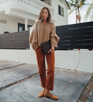 Women's Brown Oversized Sweater, Tobacco Dress Pants, Tan Suede Loafers, Dark Brown Print Leather Clutch