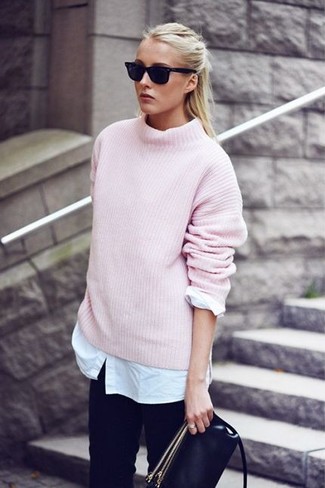 Oversized V Neck Pullover Sweater Pink