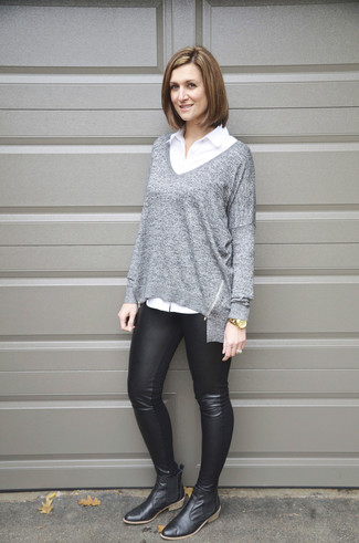 Women's Grey Oversized Sweater, White Dress Shirt, Black Leather Leggings, Black Leather Chelsea Boots